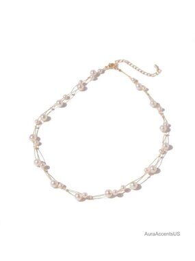 18K Gold Plated Layered Pearl Choker Necklace Dainty White Pearl Chain